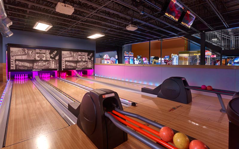 The mini-bowling lanes at the Family Entertainment Center at Arena Sports