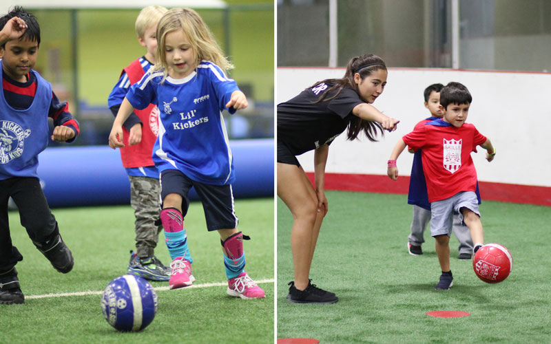 Kids playing soccer in Lil' Kickers and Skills Institute classes