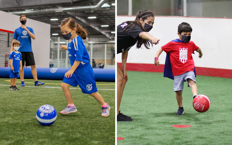 Kids playing soccer in Lil' Kickers and Skills Institute classes