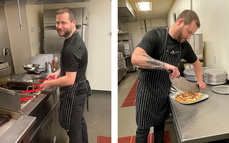 Two photos of chef Tyler Chamberlin hard at work in Arena Sports's in-house restaurants, Moe's Kitchen.