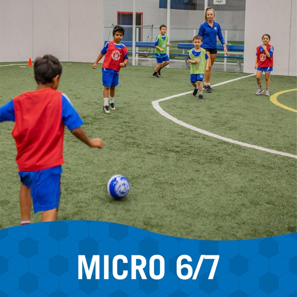 Children play soccer in Lil' Kickers Micro 6/7 class