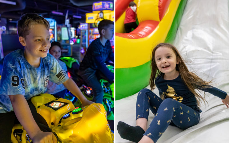 Two kids enjoy the arcade and Inflatable FunZone bouncy slide during a birthday party at Arena Sports