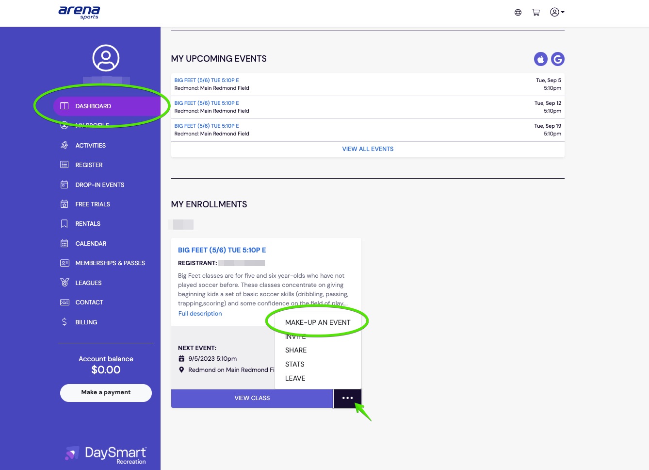 Image of DaySmart portal to show steps for scheduling a makeup class