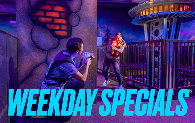 Weekday Specials 2023 Two friends playing laser tag