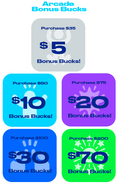 Image of five available bonus bucks levels with purchase of an Arena Sports arcade card