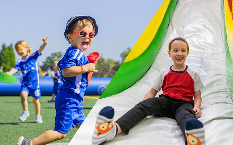 Young boys play outside at a field birthday party and inside sliding down an inflatable funzone obstacle at Arena Sports