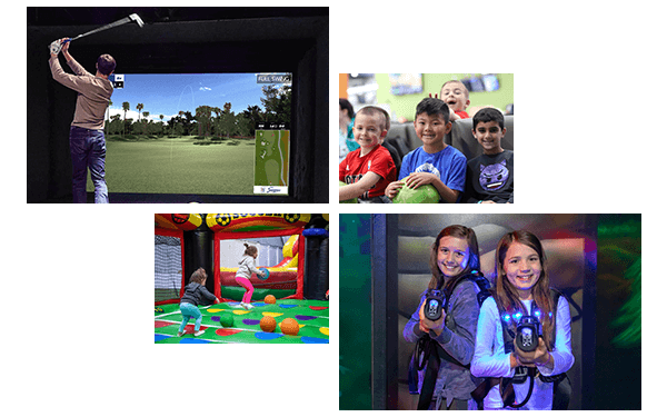 collage of images of different people, adult through children, enjoying the attractions at Arena Sports