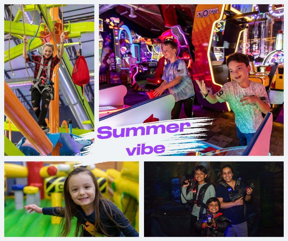 A collage of images showing adults and children enjoying bowling, laser tag, golfing and Inflatable Funzone activities at Arena Sports