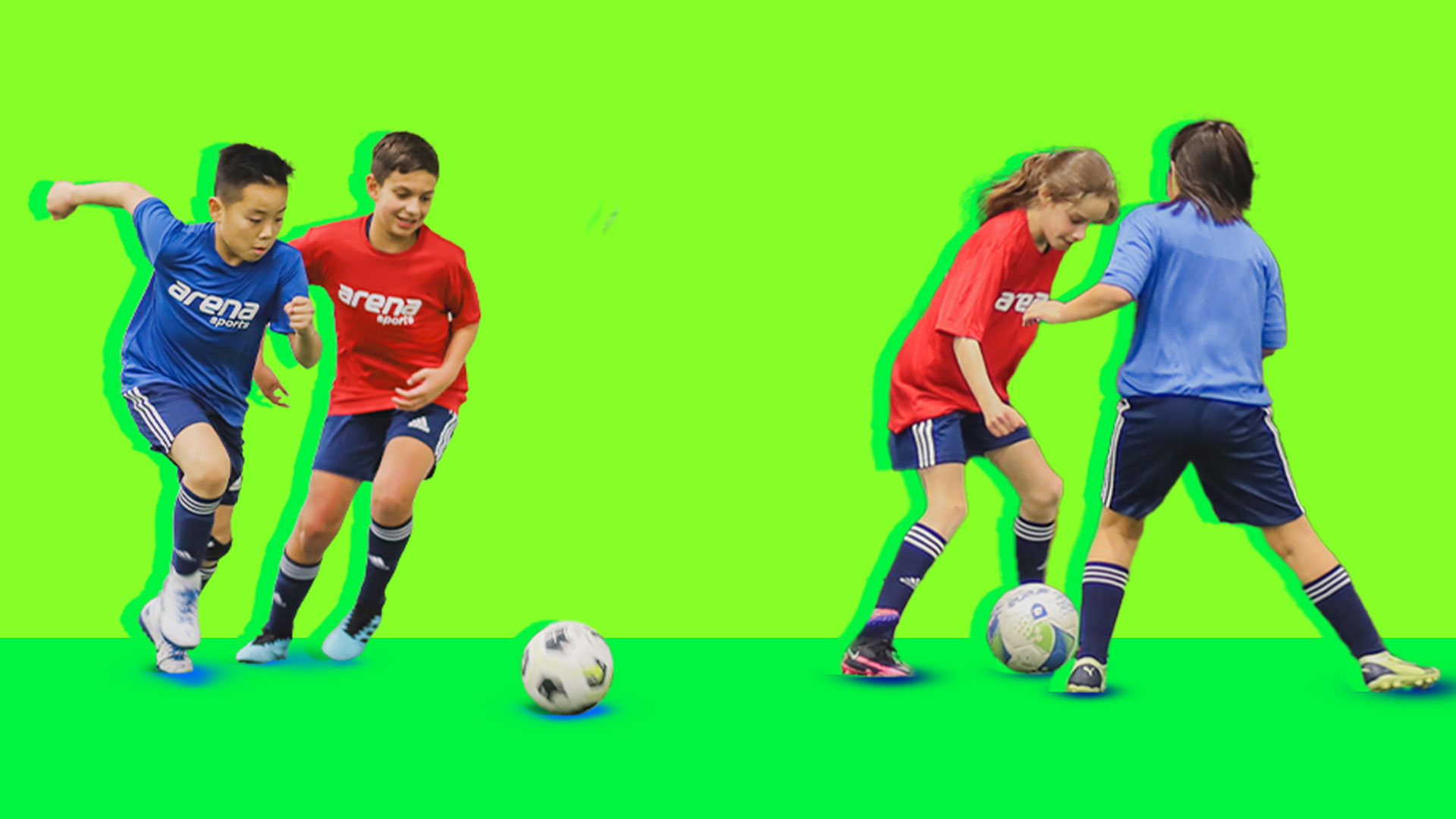 groups of boys and girls play indoor soccer in the youth leagues at Arena Sports